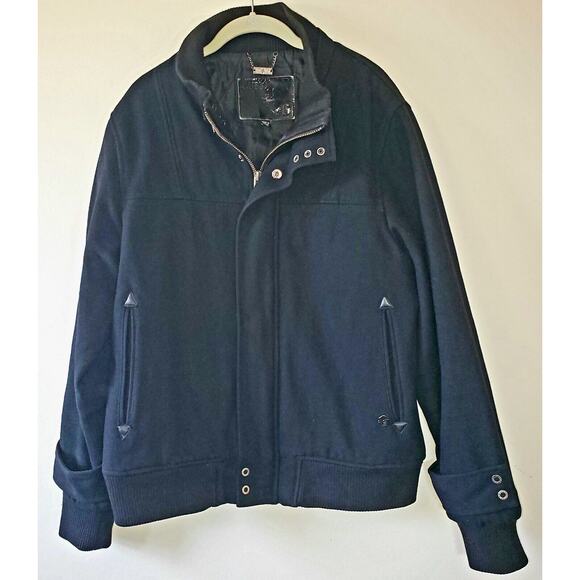 Guess Bomber Jacket Mens M Medium Lined Wool Blend Military Black Warm Coat - Picture 1 of 12